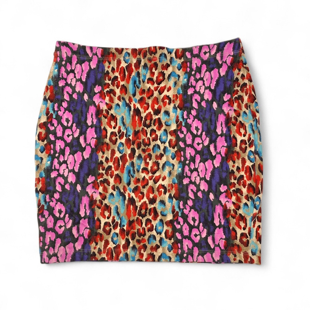 Forever 21 Womens Leopard Print Mini Skirt Pink Blue Red Animal Print Size M - Picture 2 of 6